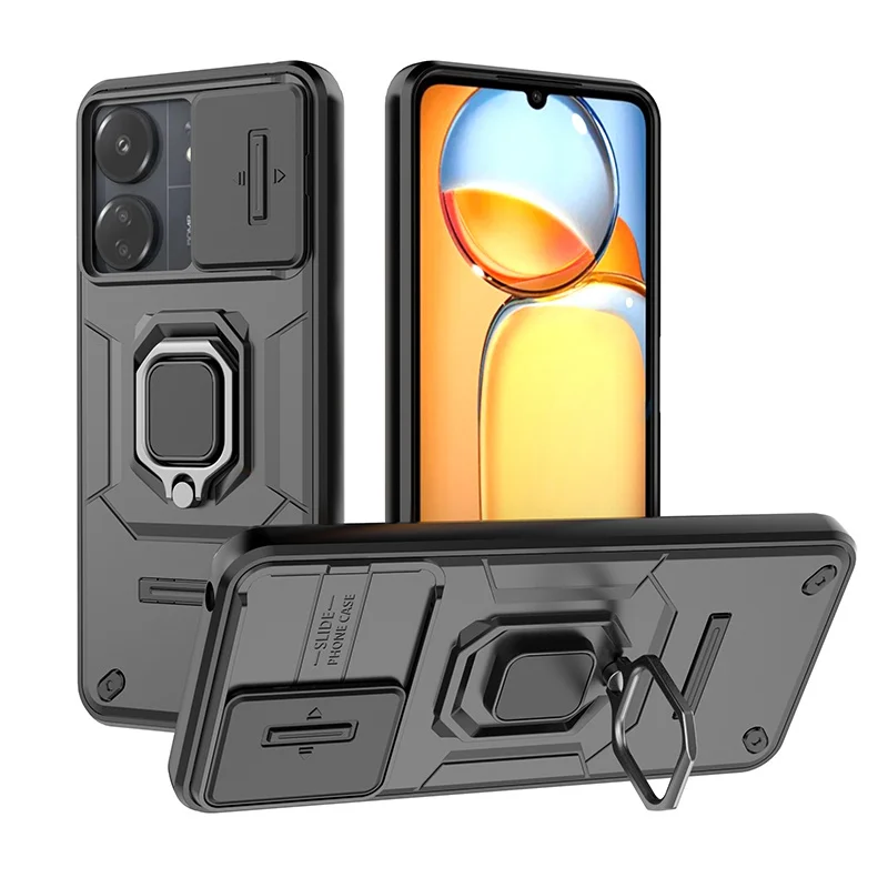 Enhanced Protective Armor Phone Case with Car Magnetic Ring Holder and Lens Protector - Red
