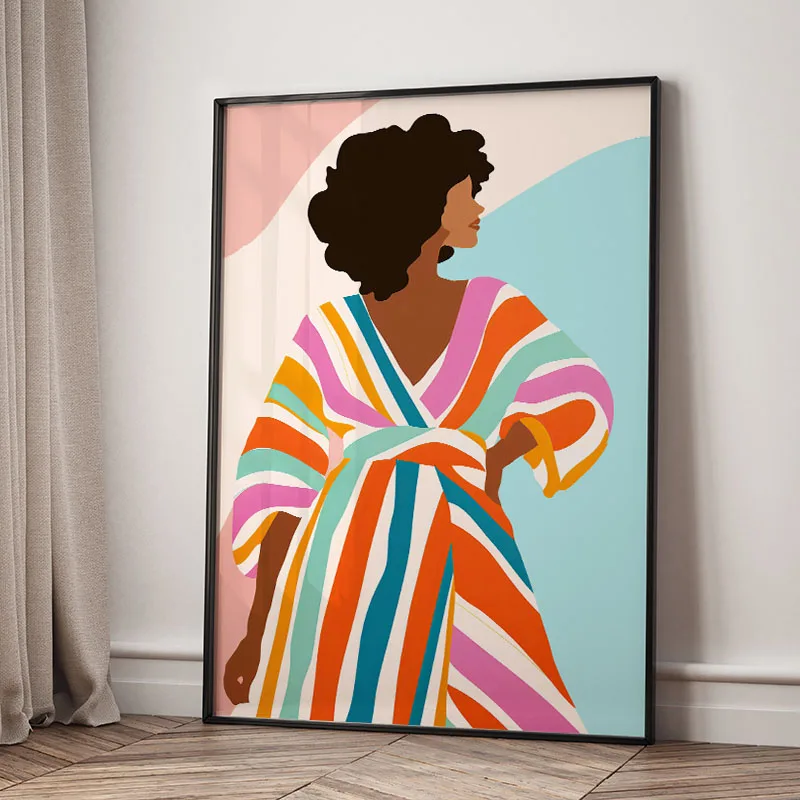 Quadro su tela con foglie e ragazza a righe in acquerello, poster astratti e stampe per hotel, bar, soggiorno, ufficio, decorazione da parete - immagine 2