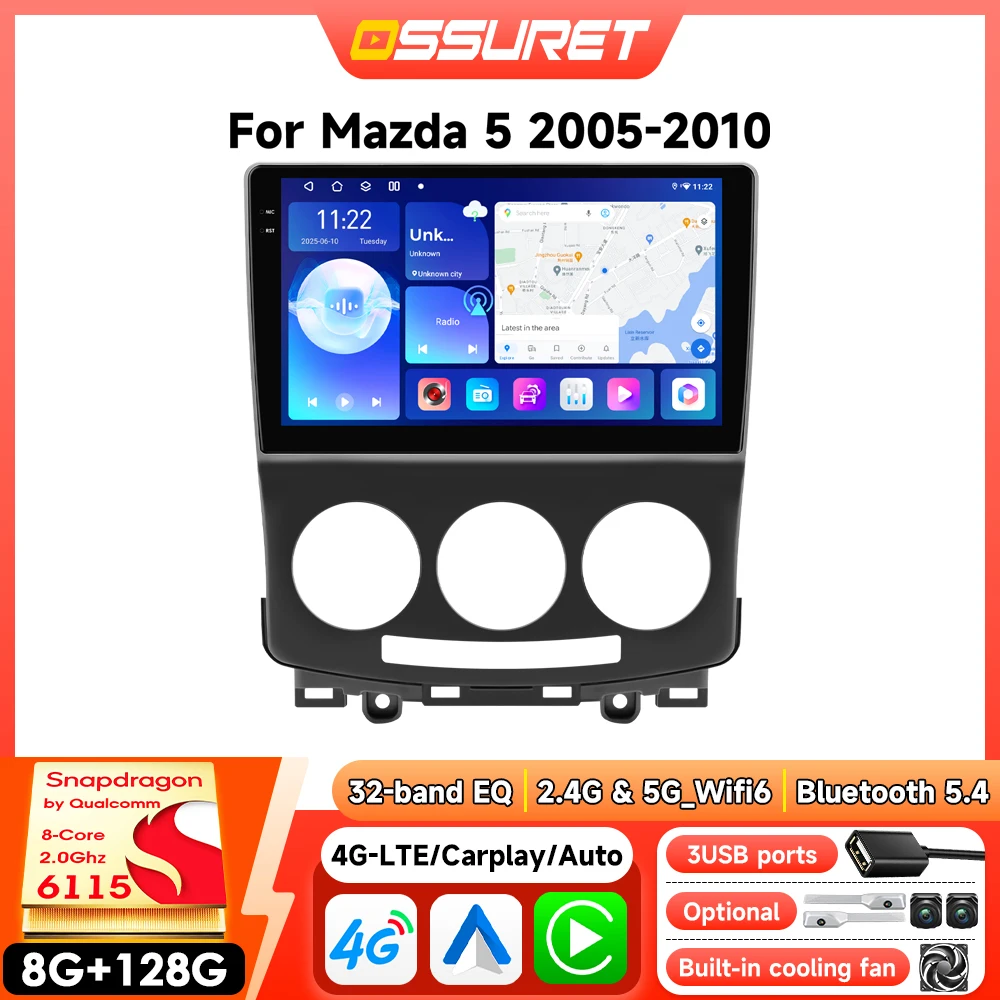Reproductor de Radio para Auto Android para Mazda 5 2005-2010, CarPlay Inalámbrico, GPS, DSP, 4G, Multimedia Inteligente, Cámara 360, con Qualcomm Snapdragon 6115 1