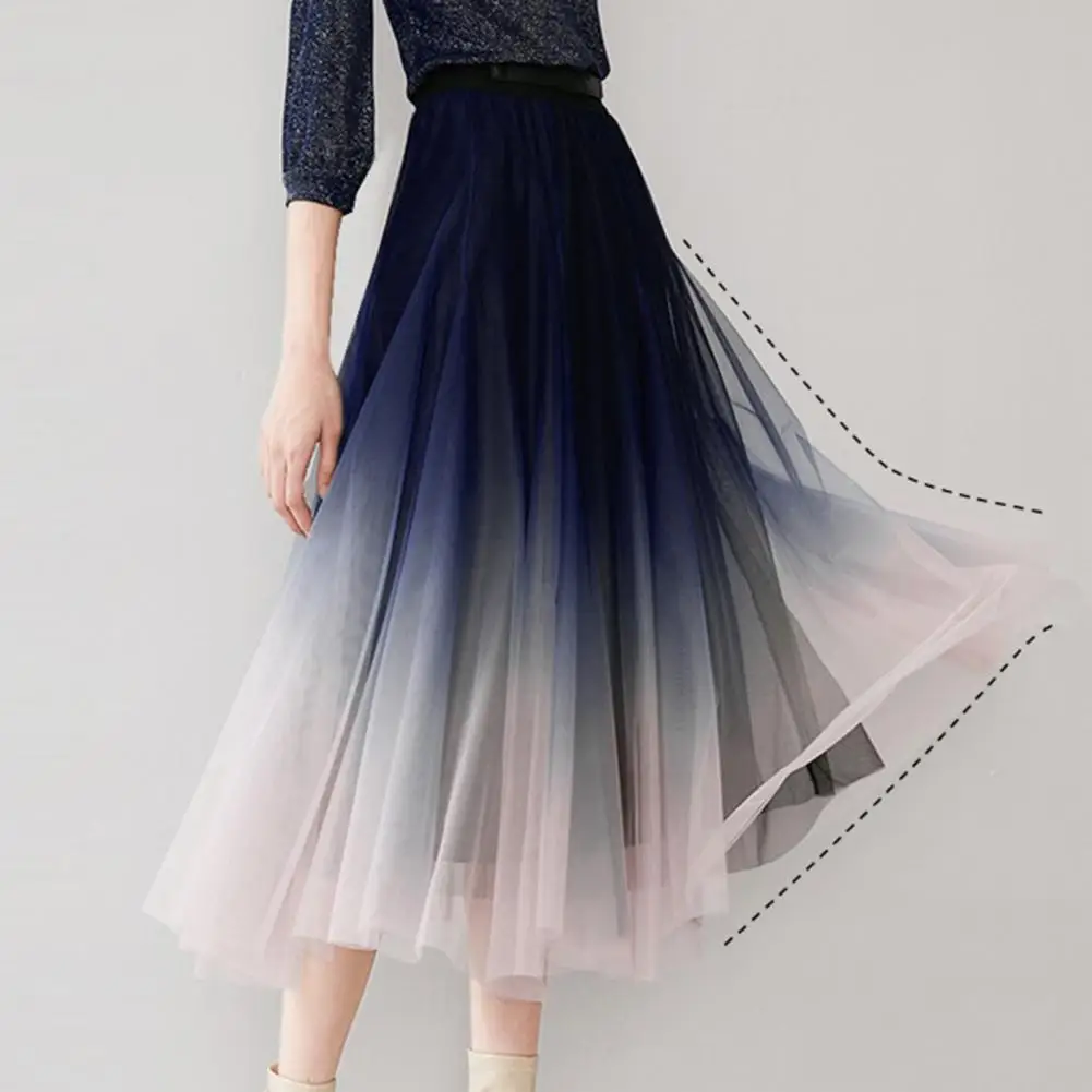 

Женская плиссированная юбка-макси, мягкая дышащая трапециевидная юбка из тюля градиентного цвета с высокой талией и эластичным поясом, элегантный стиль