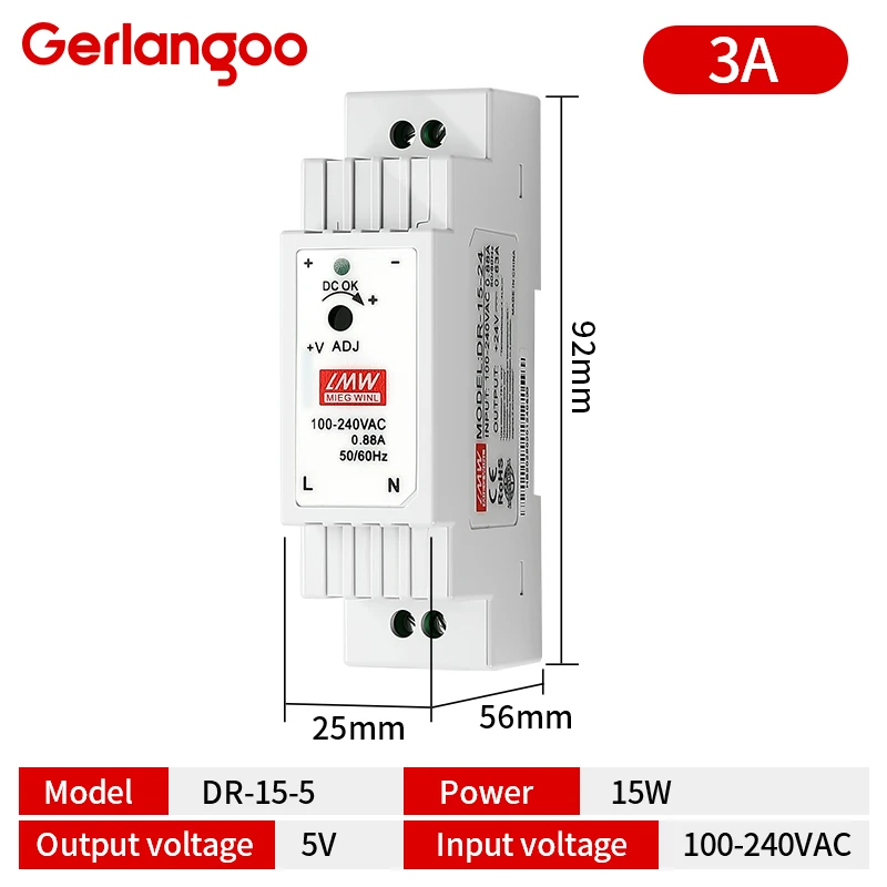High-Efficiency Industrial DIN Rail Power Supply, 100-240VAC Input, Single Output: 5V/12V/24V, 15W-60W Range