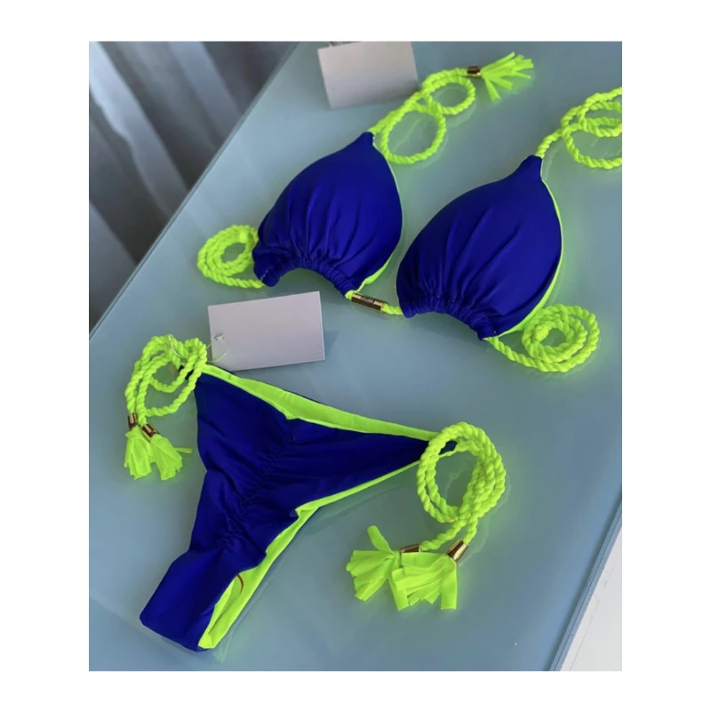 Women Sexy Bikini Thong Bandage Swimsuit Push Up Bikinis Set Pink Halter Swimwear Female Summer Beach Wear 2 Pieces Bathing Suit