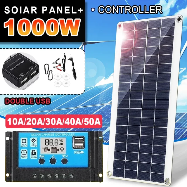 1000W Solar Panel 12V Solar Cell Kit 10A-100A Controller Solar Panel for Phone RV Car MP3 PAD Charger Outdoor Battery Supply 1