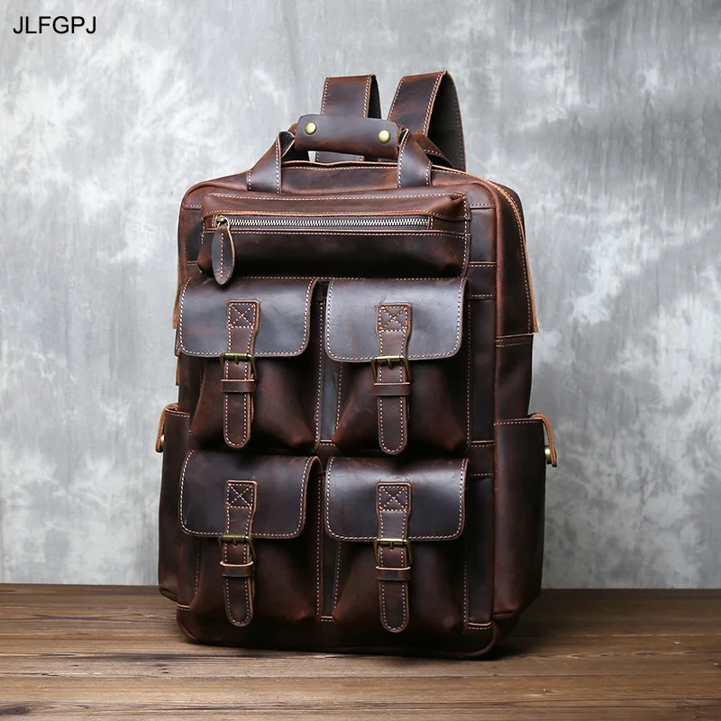 Retro Fashion Genuine Leather Men's Backpack Head Layer Leather Large Capacity Multi Pocket Outdoor Minimalist Computer Bag