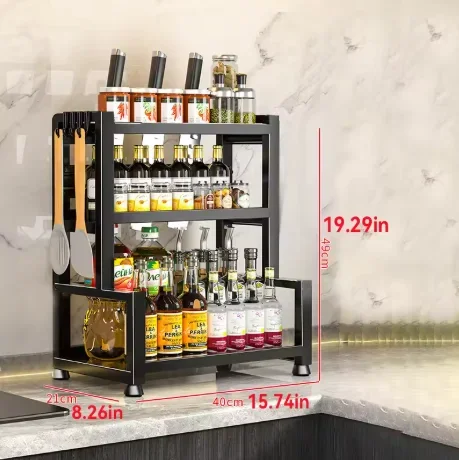 Enhanced Metal Kitchen Spice Rack Organizer, 3-Tier Adjustable Storage with Knife Holder and Hooks - Sleek Black Finish