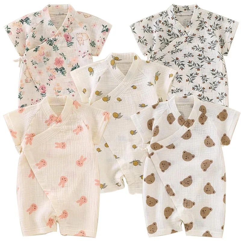 Baby Rompers Cotton Jumpsuit Baby Jumpsuit Newborn Baby Thin Gauze Jumpsuit Breathable Soft Children Short Sleeve Crawling Suit Cute Boys Girls Infant Bodysuit Kid Rompers