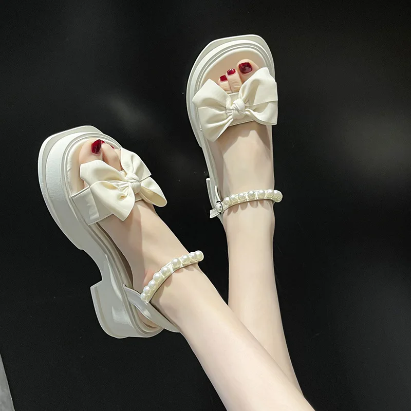 

Сандалии Женские однотонные с открытым носком, жемчужные босоножки с пряжкой, модная удобная обувь с бантом, лето 2023