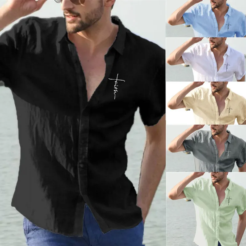 

Men's Short Sleeved Lapel Solid Color Shirt 2023 New Large Casual Cotton Linen Printed Shirt Men Clothing Shirts Men Clothing