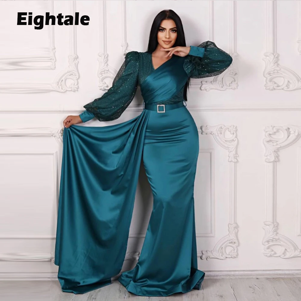 

Eightale Arabic Evening Dresses V-Neck Glitter Long Puffy Sleeves Mermaid Satin Formal Celebrity Prom Party Gowns for Wedding