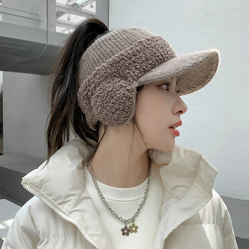 CNTANG 2022 Fashion Trend With Earflaps Empty Top Baseball Caps Lambswool Knitted Women's Hat Autumn Winter Thicker Warm Cap 2