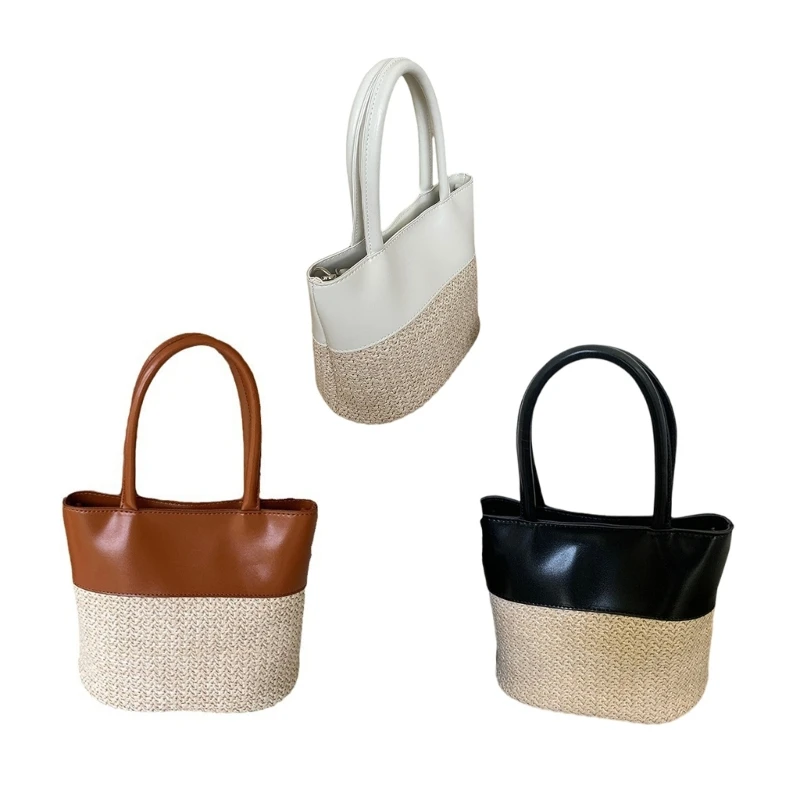 

Straw Shoulder Bag with Detachable Belt Bucket Handbag for Various Occasion