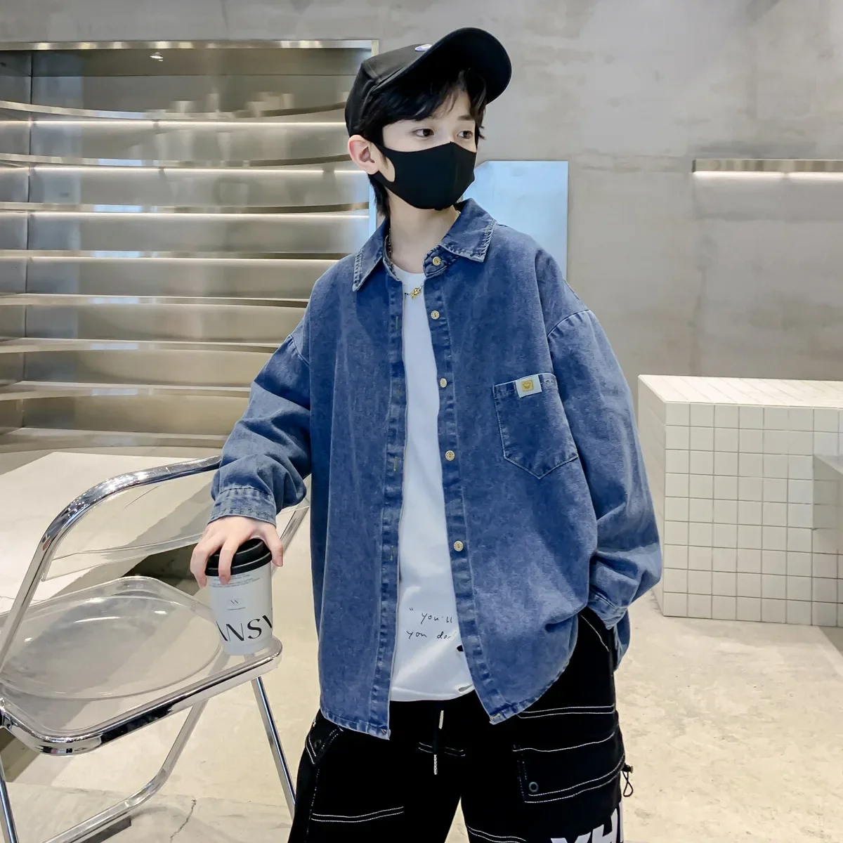 Boys' Denim Shirt Slim Fit Collared Jacket Spring Autumn Wear Kids' Fashionable Cool Street Style Upper Apparel