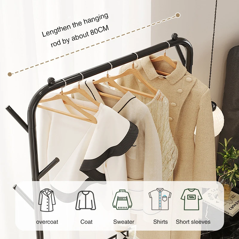 Iron Stand Floor Clothes Rack Bedroom Clothes Handger Removable Storage Shelf with Storage Basket Corner Coat Rack