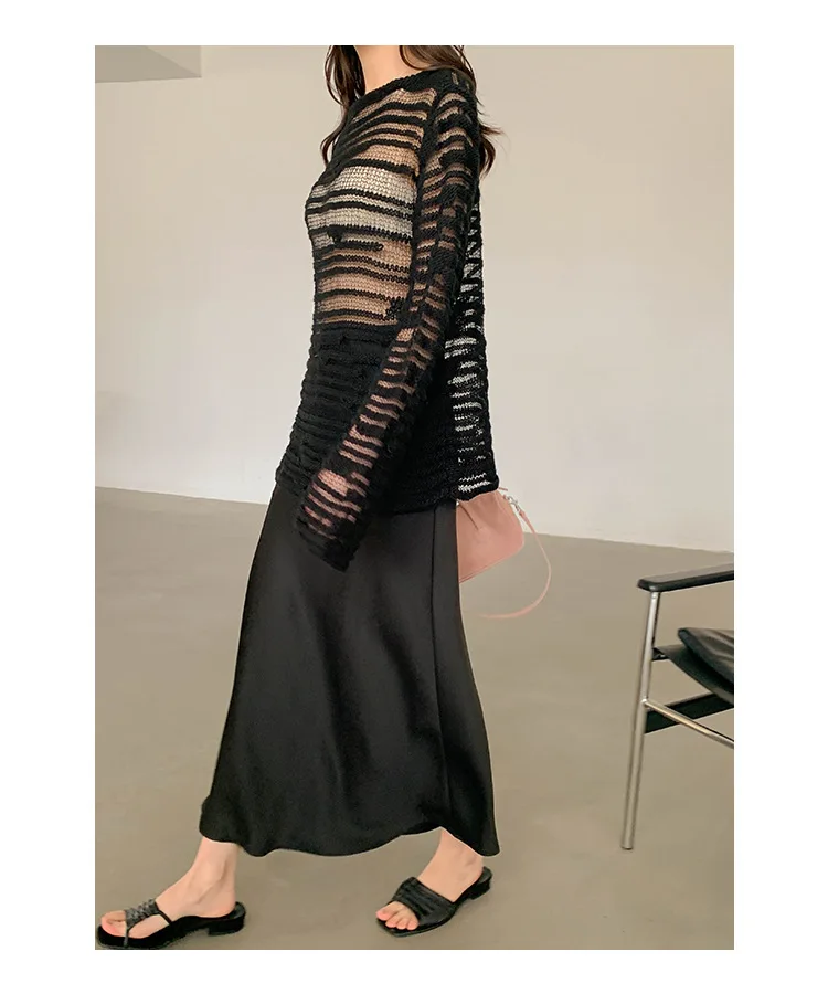 Karrram Lazy Style Long Sleeve T-shirts Hollow Out Sexy Korean Fashion See Through Knitted Tshirts Loose Women Chic Streetwear