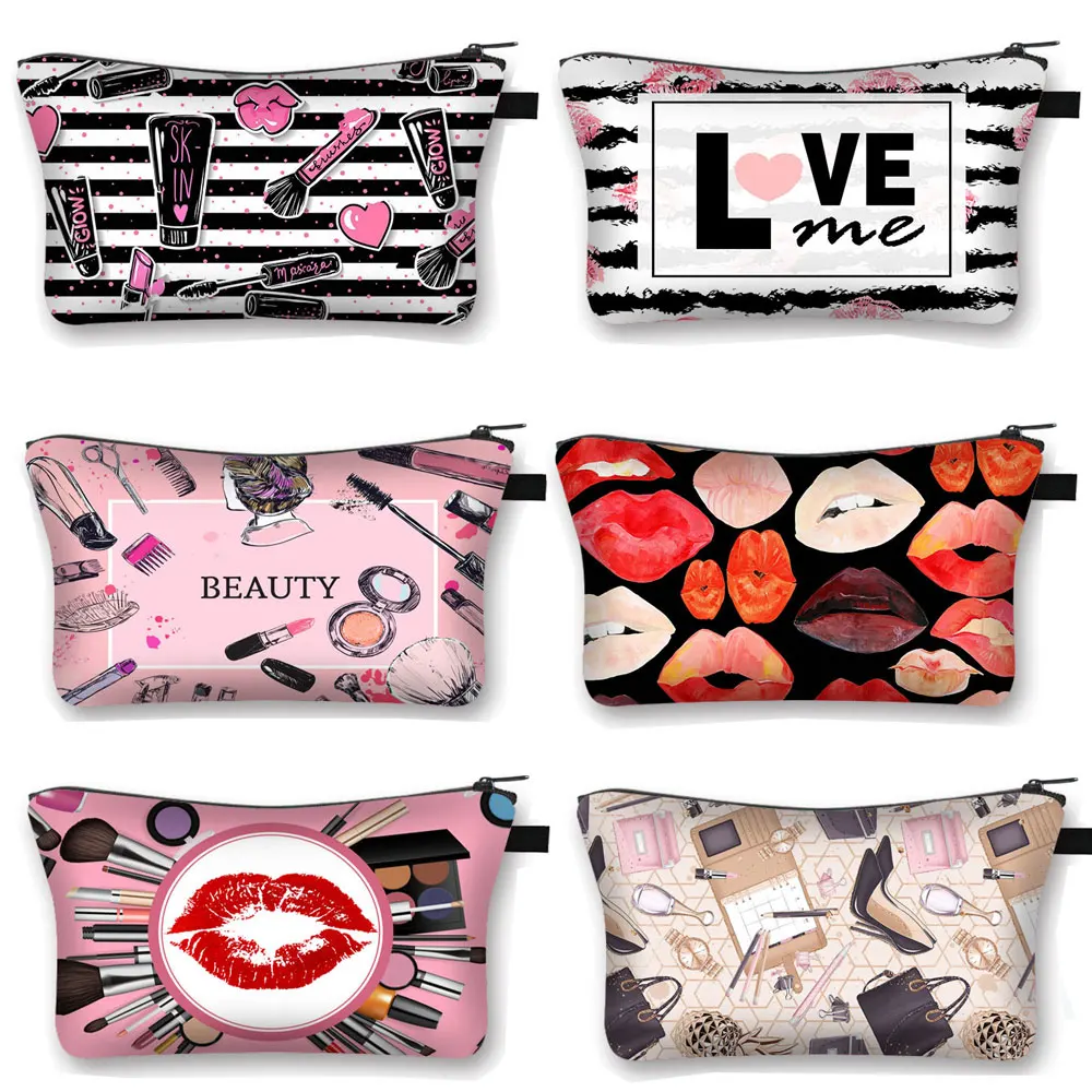 

Red Lips Print Cosmetic Bag Women Fashion Makeup Bag Rolling Blunt Ladies Cosmetic Case Organizers Lipstick Holder Beauty Bags
