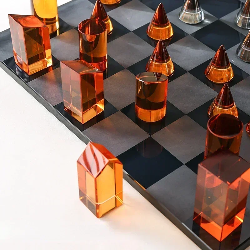 B-M Geometric Crystal Chess Chessboard Clear Glass Chess Piece Color Square Decorative Figurines Home Decoration Accessories