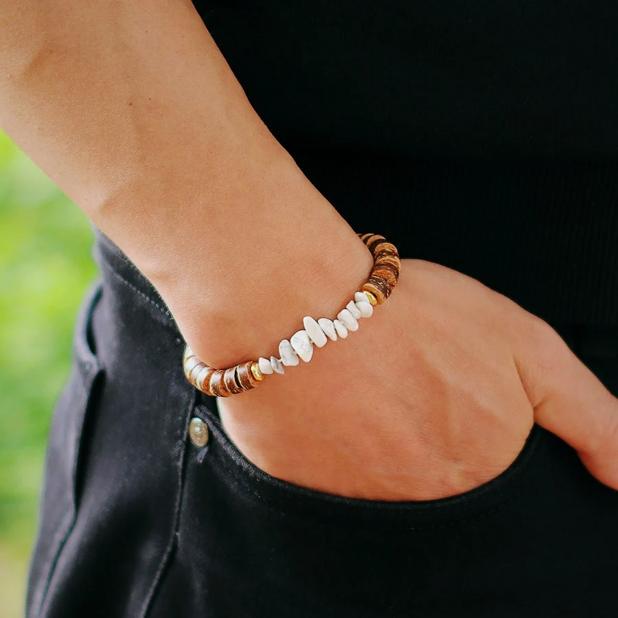 Coconut Bead Men Bracelet with Tiger Eyes Obsidian Howlite Stone