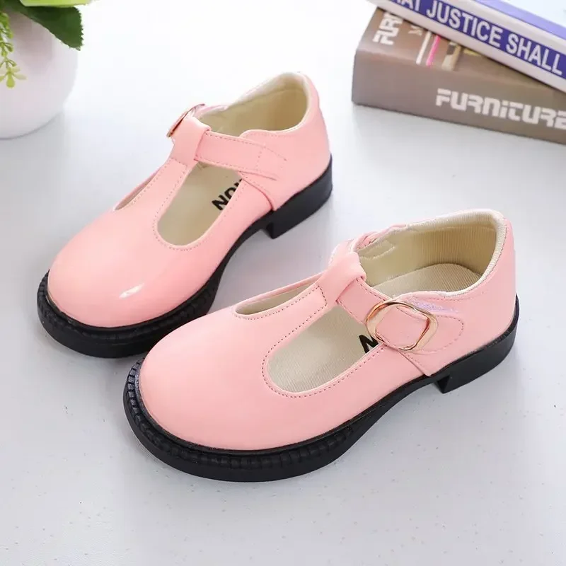 Girls Leather Shoes School Party Flats T-strap Simple Classic Buckle 26-36
