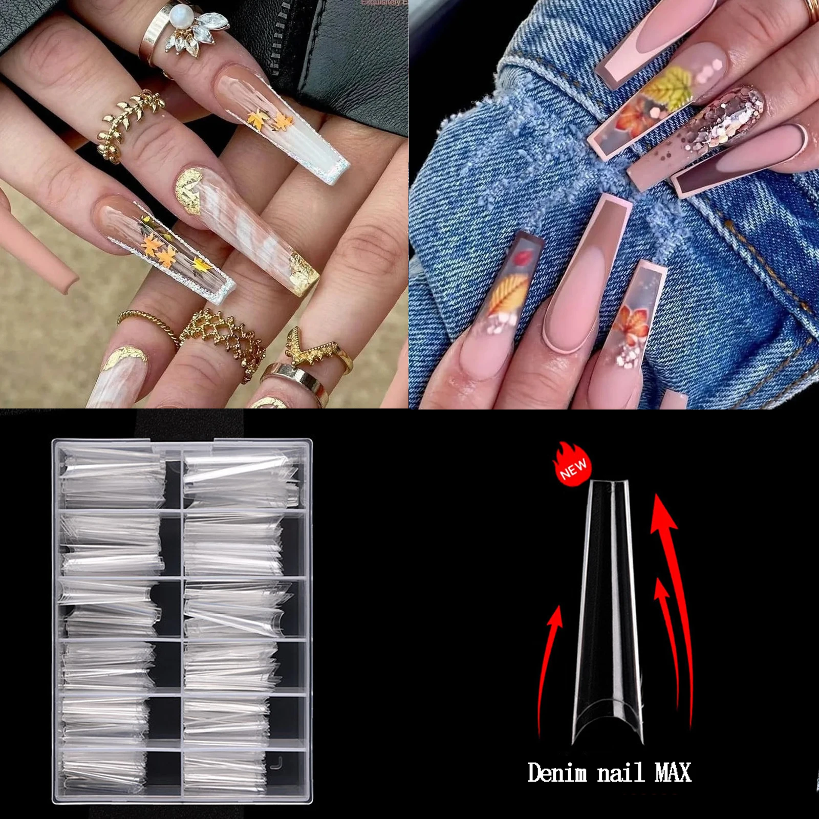 

240Pcs/ Box Transparent Natural Color French Extra Long Denim Nail 12 Sizes European and American Coffin Press On False Nails