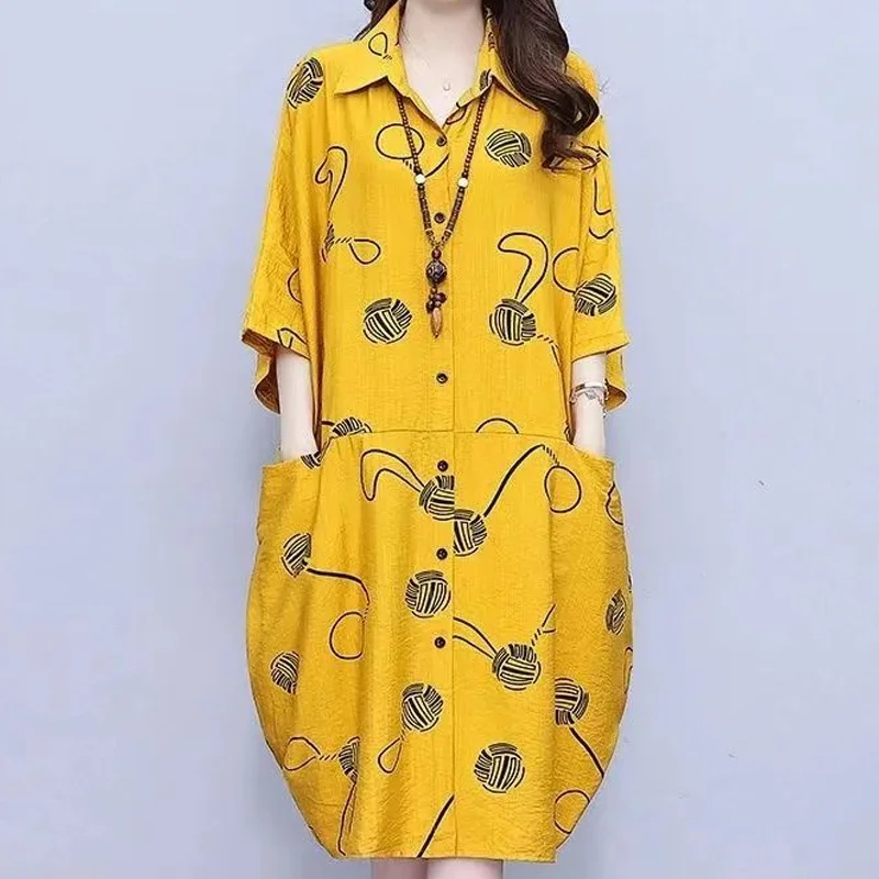 

Summer Simplicity Oversized Ladies Fashion Printing Midi Dress New Casual Pocket Dresses Short Sleeve Straight Women's Clothing