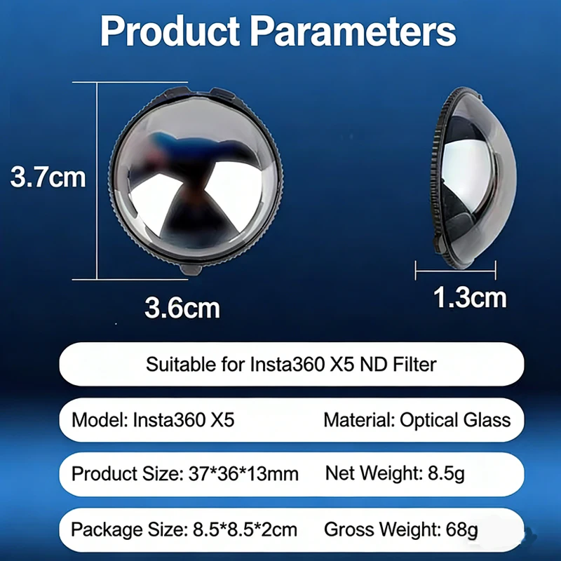 Filtre ND32 du Kit Filtres ND Insta360 X5 reflétant la lumière avec son verre optique
