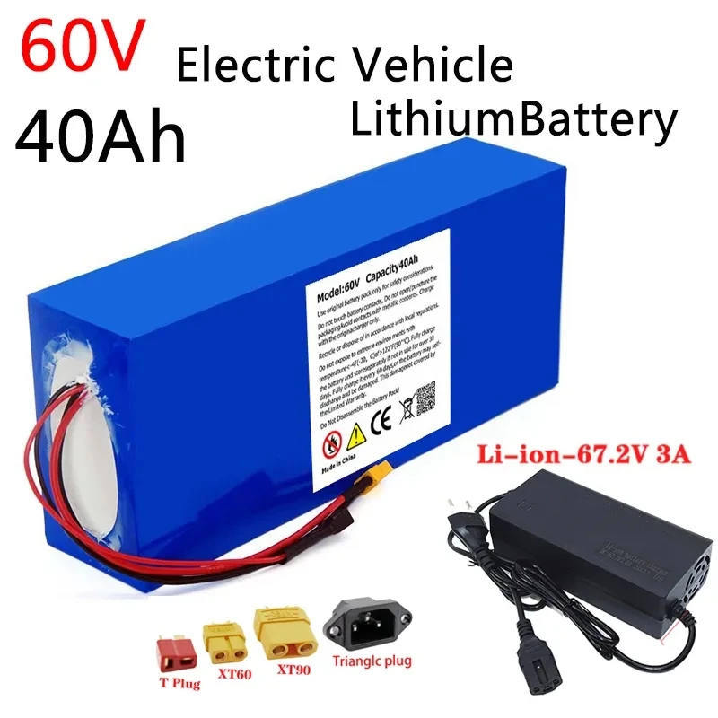 Batería recargable para bicicleta eléctrica, cargador BMS + 3A, 60V, 40Ah, 18650 W, 67,2 V, 3000W