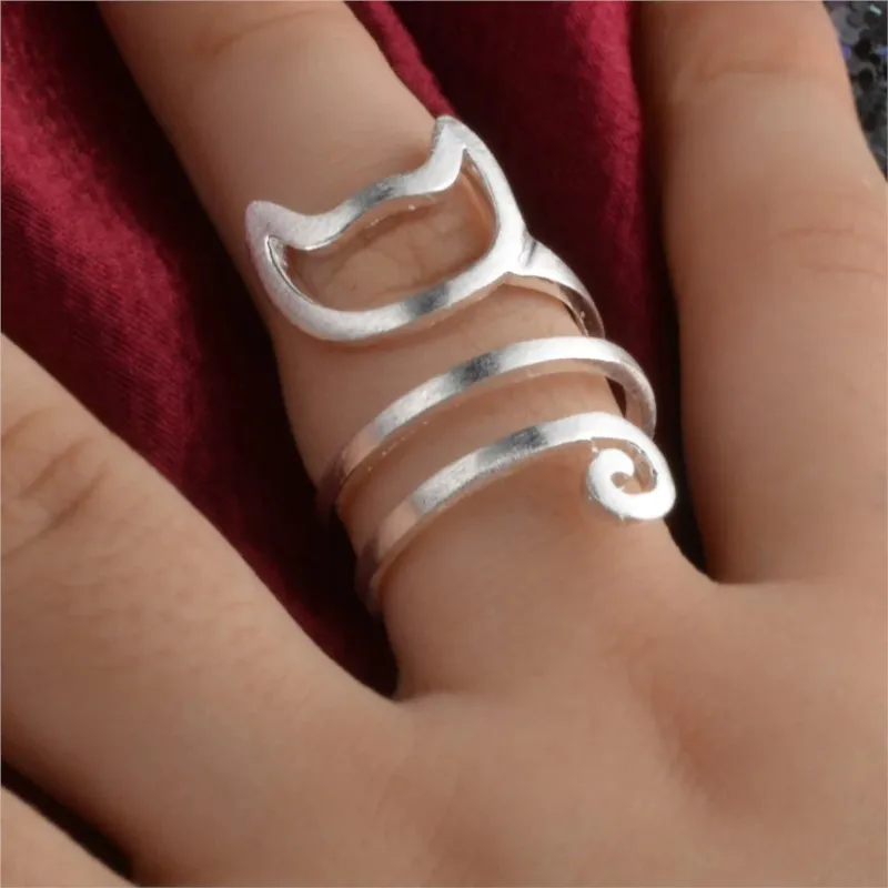 Silver Color Cute Cat Shape Rings for Women Geometric Trendy Couples Handmade Finger Ring Jewelry Party Gift anillos mujer