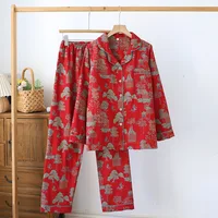 2026 New Spring and Autumn Women's Pajama Set 100% Cotton Retro Color Woven Home Clothes Long Sleeve Long Pants Two Piece Set - Image 4