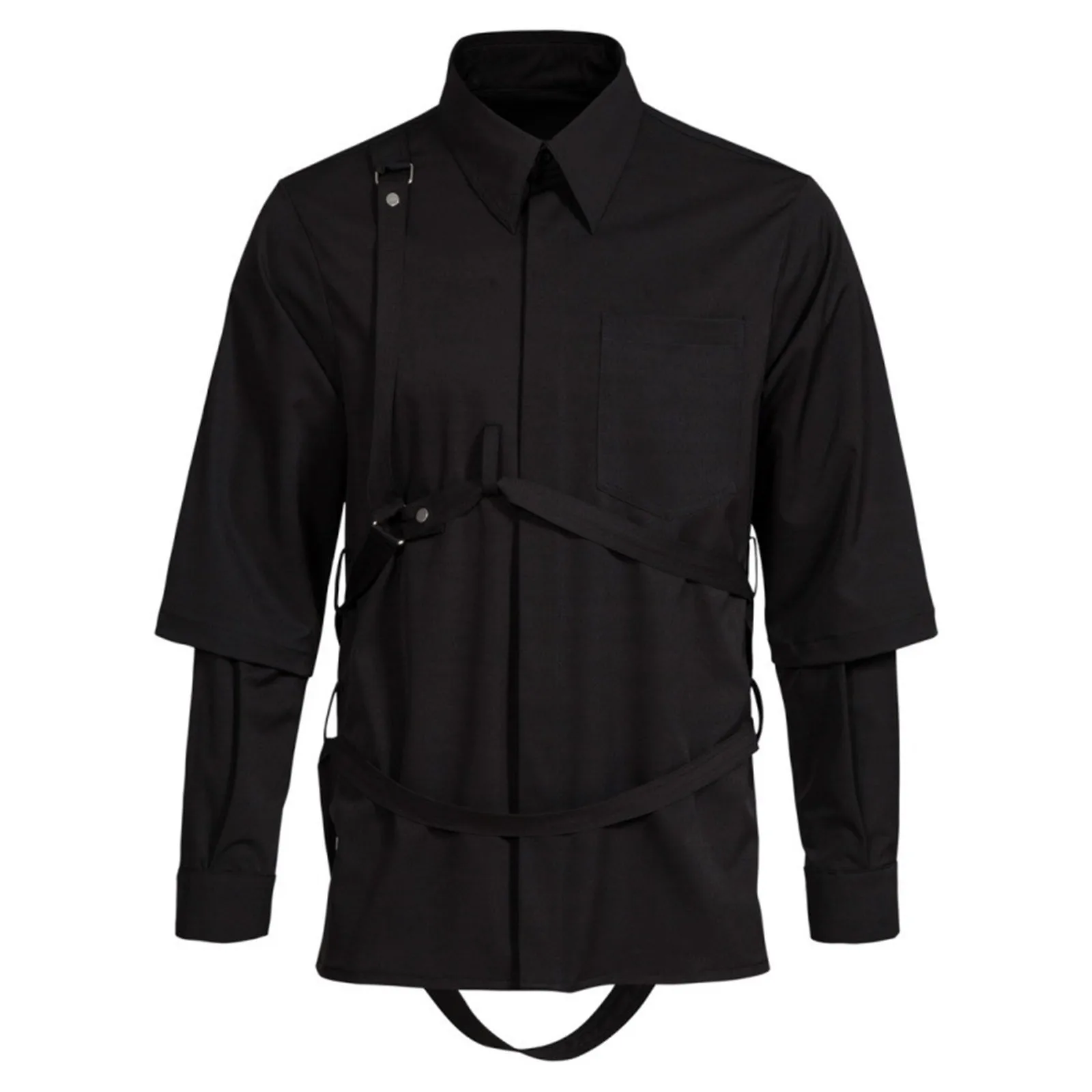 

Men'S Gothic Punk Style Shirt Dark Black Men'S Fake Two Piece Shirt Strap Fashion Show Style Sleeve Shirt Male Cosplay Tunic
