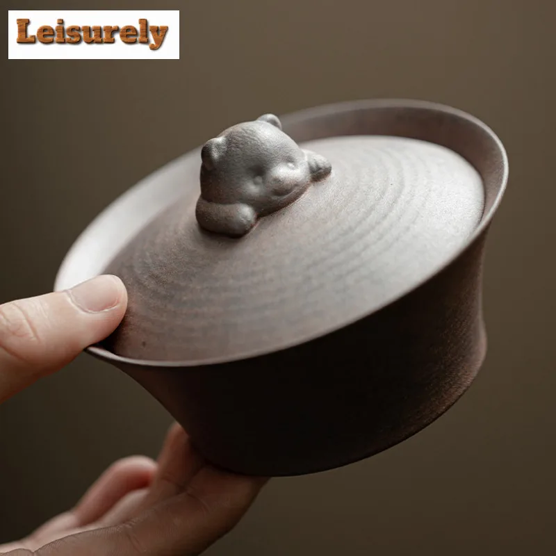 140ML Handmade Coarse Pottery Gaiwan Retro Old Rock Mud Little Bear Tea Tureen Tea Brewing Cover Bowl Kung Fu Tea Accessories