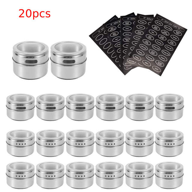 Magnetic Spice Jars with Spice Labels Stainless Steel Magnetic Spice Tins with Wall Base Magnetic on Refrigerator