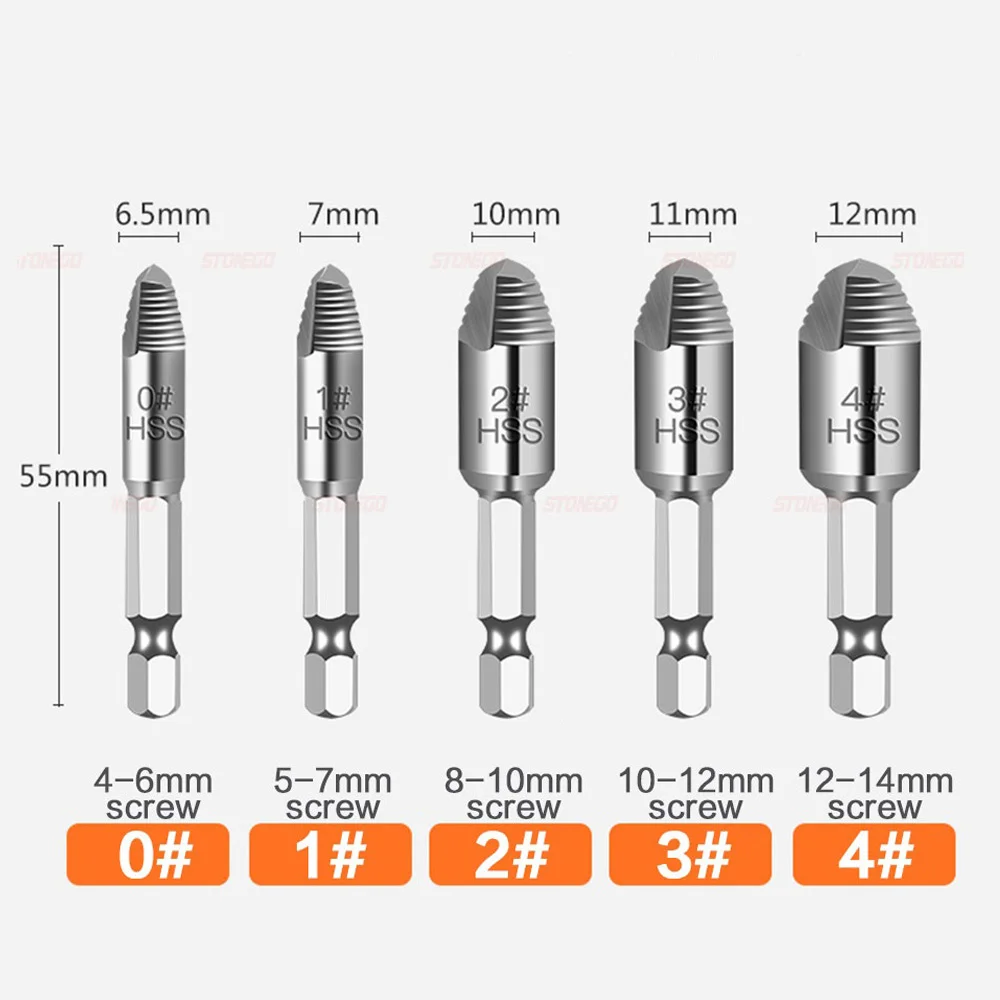 STONEGO 5Pcs/Set Damaged Screw Extractor Bolt Screw Stud Bolt Extractor Remover Hex Shank Drill Bit Tool Set, 0#, 1#, 2#, 3#, 4#