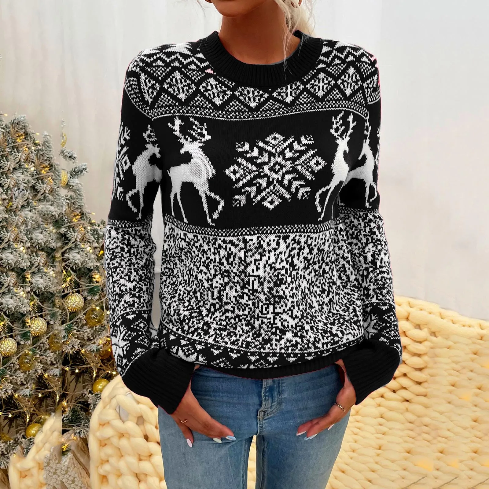 

Christmas Snowflake Fawn Women's Sweater Pullovers Long Sleeve Pattern Casual Crewneck Knit Tops Jumper Slouchy Jumpers 2023