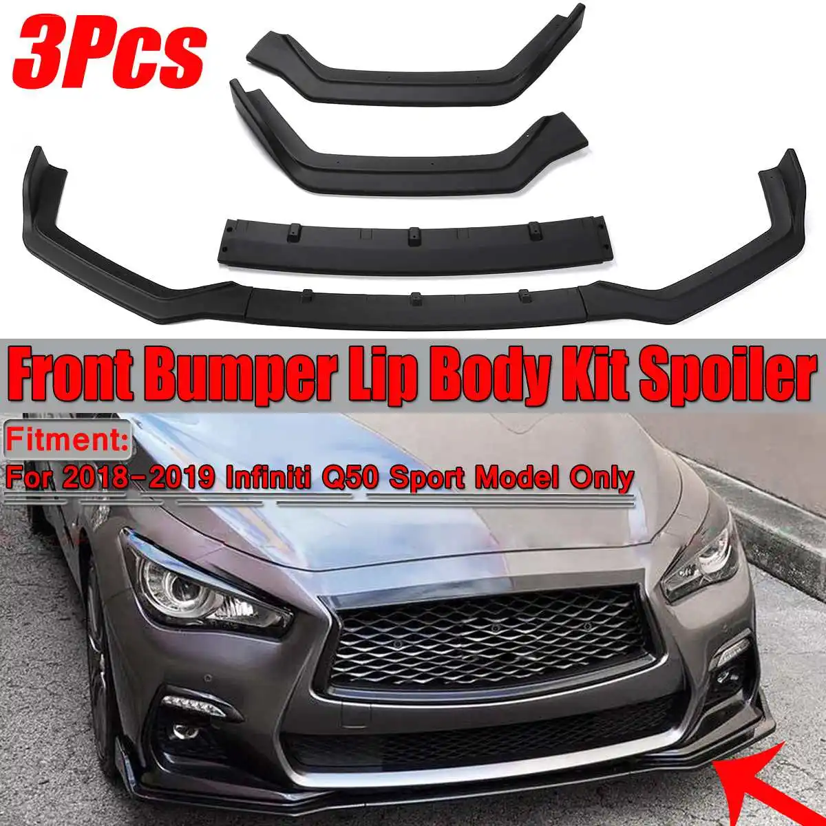 

Car Front Bumper Splitter Lip Spoiler Diffuser Cover Trim Guard Protector for Infiniti Q50 2018-2019 Sport Model 3PCS