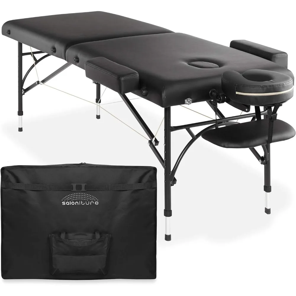 Saloniture Professional Portable Lightweight Bi-Fold Massage Table with Aluminum Legs - Includes Headrest