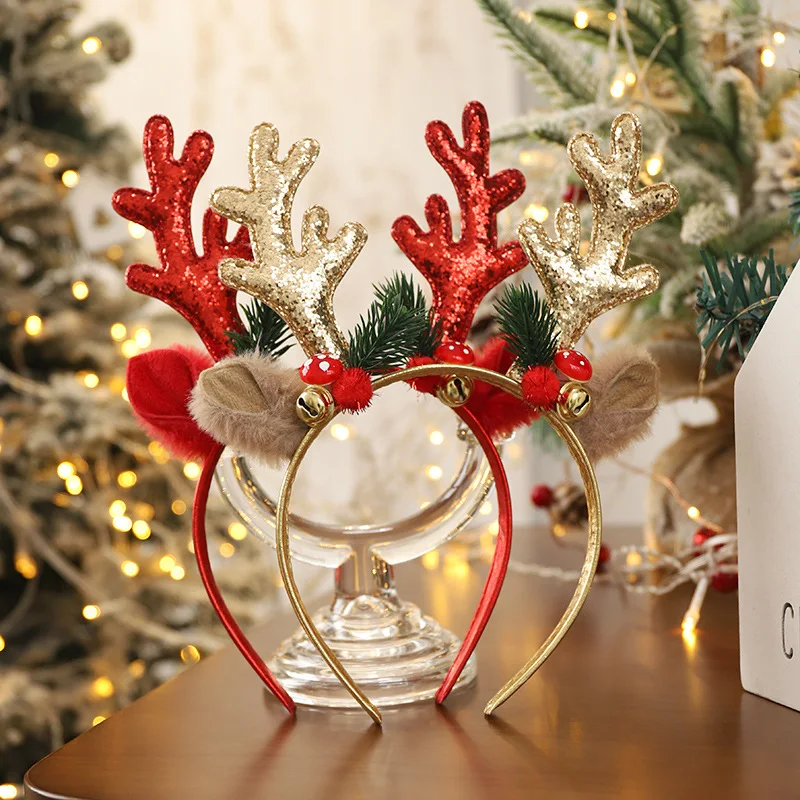 

New Christmas Headband Headwear Large Elk Antler Bell Sequins Christmas Hair Hoops Decoration Forest Style Hair Accessories
