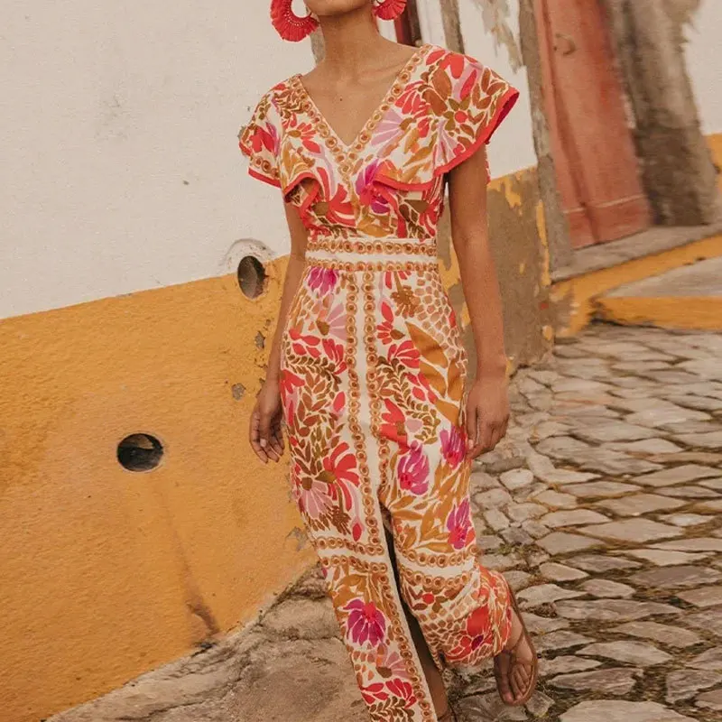 

2024 summer women's vintage print V-neck elegant flying sleeve high waist slit slim dress