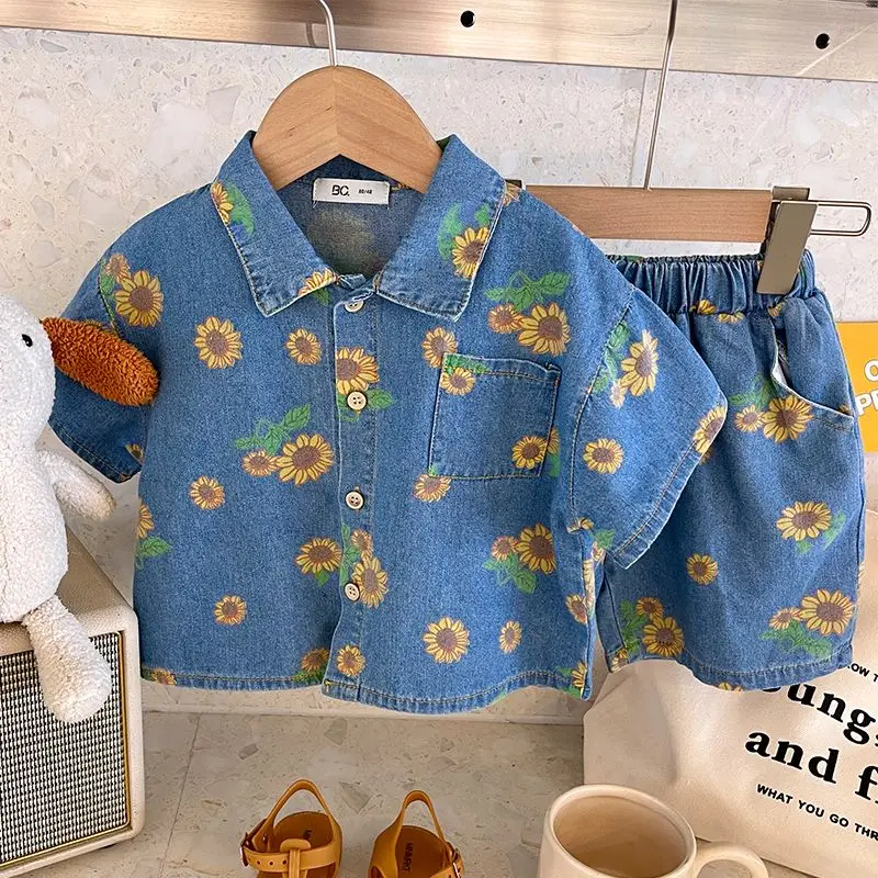 Conjunto de ropa vaquera para niños y niñas, traje informal de dos piezas, blusa y pantalones cortos, verano 2024