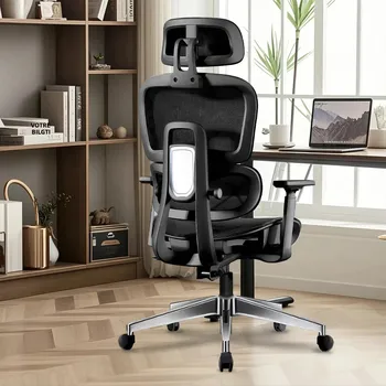Chaise de bureau ergonomique avec support lombaire et coussin pour le cou, accoudoirs rembourrés doux, maille respirante, réglage de la hauteur multi-positions, confort 1