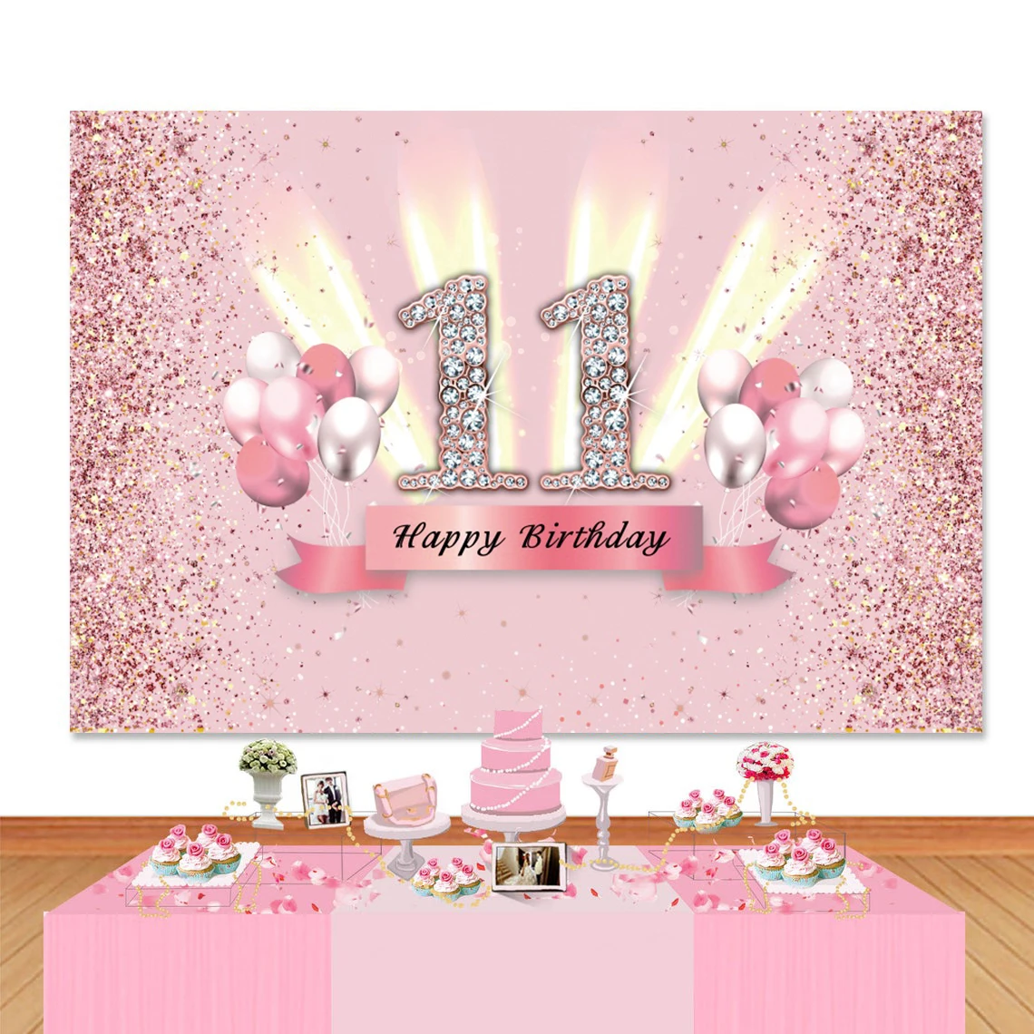 11 Years Old Photo Backdrop Girls Happy Birthday Party Balloon 11th Photography Background Decorations Banner