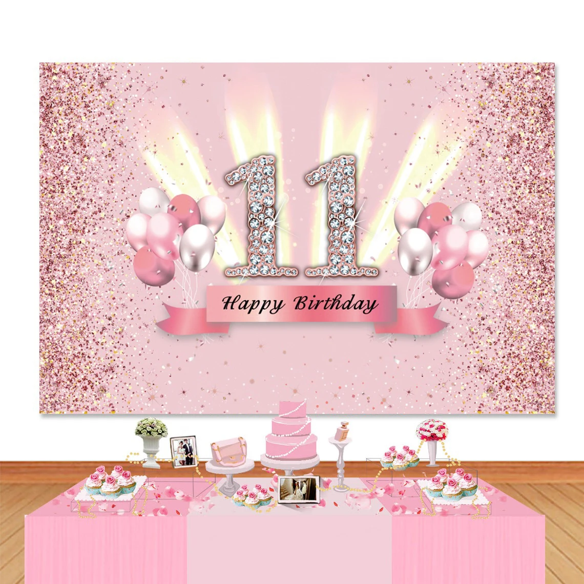  Decoraciones de cumpleaños número 11 para niñas, globos de  feliz cumpleaños rosa y blanco, suministros de fiesta de cumpleaños número  11 para hija, sus hijos, incluyendo pancarta rosa de feliz 