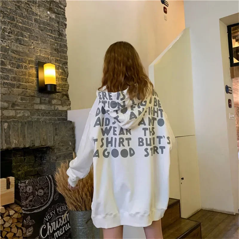 Women Casual O-neck Autumn Long Sleeve Letter Print Hoodies Hip Hop Hooded Funny Korean Style Tops Female Streetwear Girls Tide