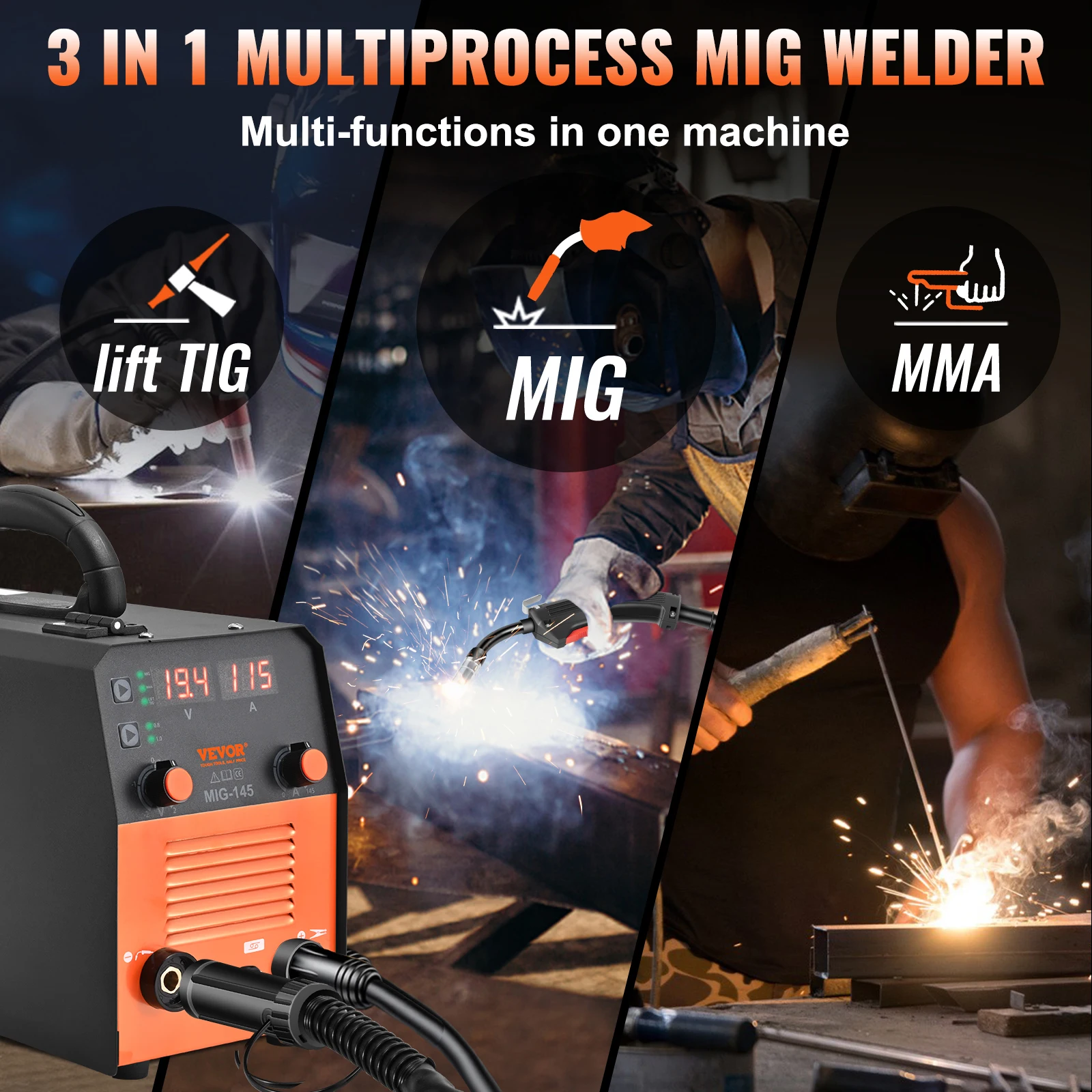 VEVOR 145Amp MIG Welder,110V Flux Core Welder MIG/Lift TIG/Stick 3 in 1 Welding Machine with IGBT Inverter & MIG Torch 2