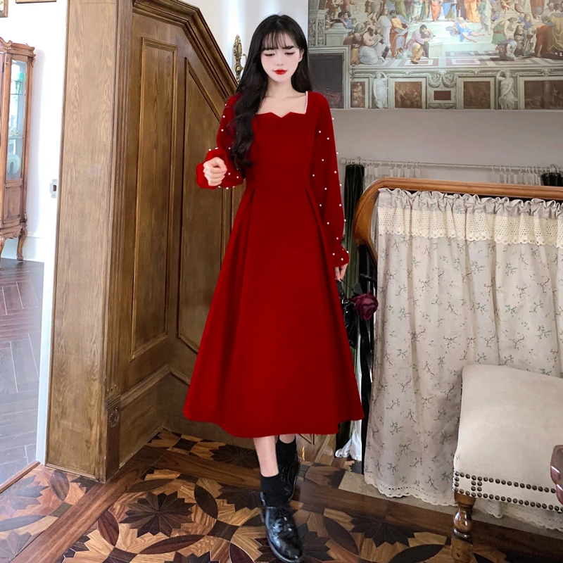 Winter Elegant Chic Luxury Pearls Red Long Dress Long Sleeve