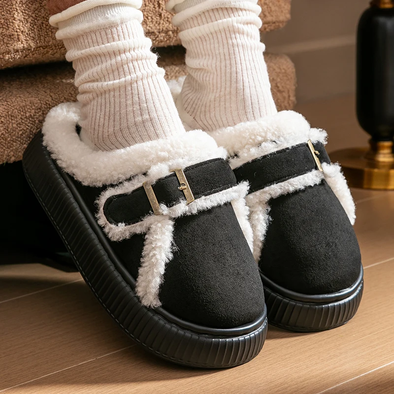 Thick Short Plush Warm Women's Slippers Korean Buckle Detor Cotton Slippers for Woman Platform Non Slip Cotton Shoes Women