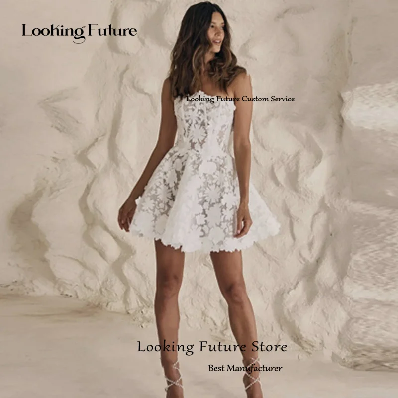 Simple Mini Short Wedding Dress Sleeveless Strapless A-Line 3D Lace Flowers Bridal Sexy Illusion Open Back Gown Customizd 2025 14 Sd55dfa130ab24946b5d38220e23fadcan