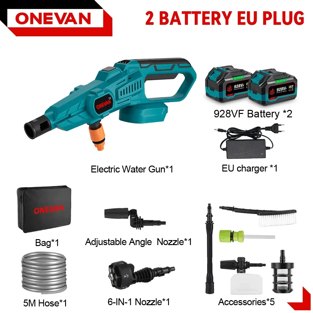 ONEVAN Accu-hogedrukreiniger, borstelloos, met 2 accu's, 6 functies, 3 Gear 120 bar, mobiele hogedrukreiniger, accu-drukreiniger, hogedrukreiniger, waterpistool voor auto, terras, tuin, tapijtreiniger