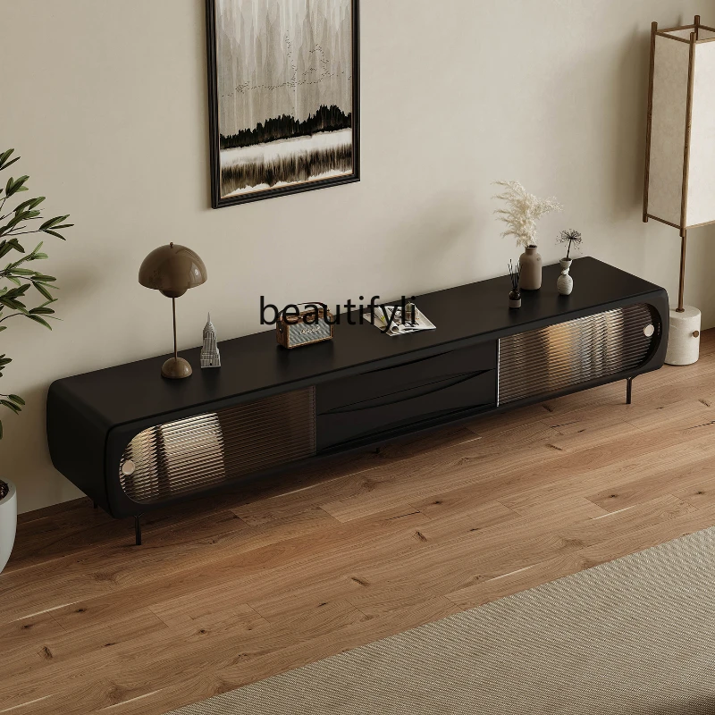 

French Retro Black TV Cabinet and Tea Table Combination Living Room Storage Floor Cabinet Solid Wood High-Grade