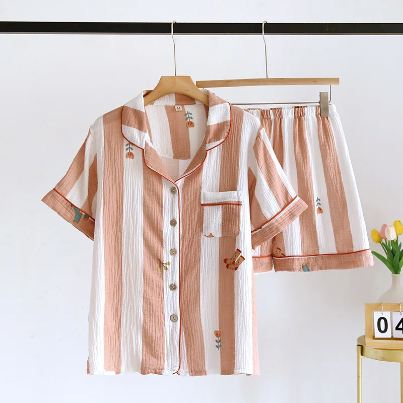 2023 New Summer Women's Pajama Set Cotton Crepe Short Sleeve Shorts Two Piece Set Vertical Striped Simple Home Furnishing