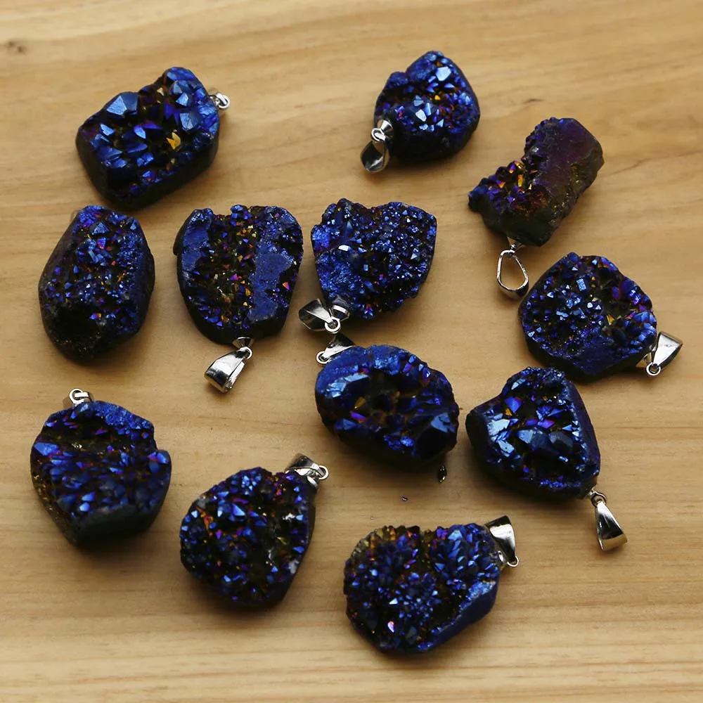 Natural Agate Raw Stone Electroplated Blue Crystal Cluster Irregular Pendant Charm Necklace Accessories Jewelry Wholesale 15Pcs
